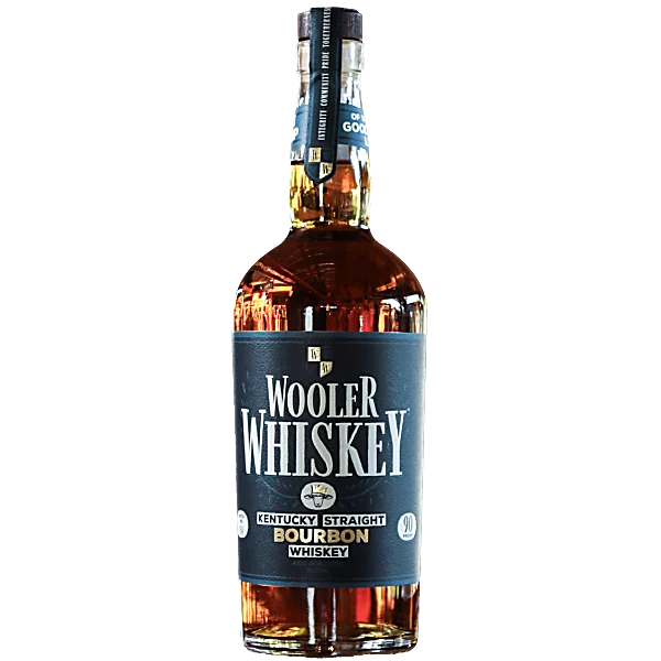 A bottle of Main Street Liquor’s Wooler Whiskey Kentucky Straight Bourbon Whiskey, an American bourbon bottled at 90 proof, featuring a dark blue label and black cap, displayed against a plain white background.