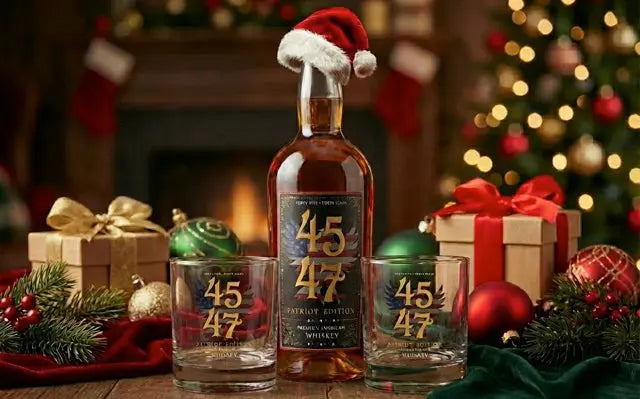 A bottle of 45 47 whiskey wearing a Santa hat sits between two Main Street Liquor 4547 Whiskey Rock Glasses, surrounded by Christmas ornaments, pine branches, gifts, and a lit tree in a festive holiday setting.