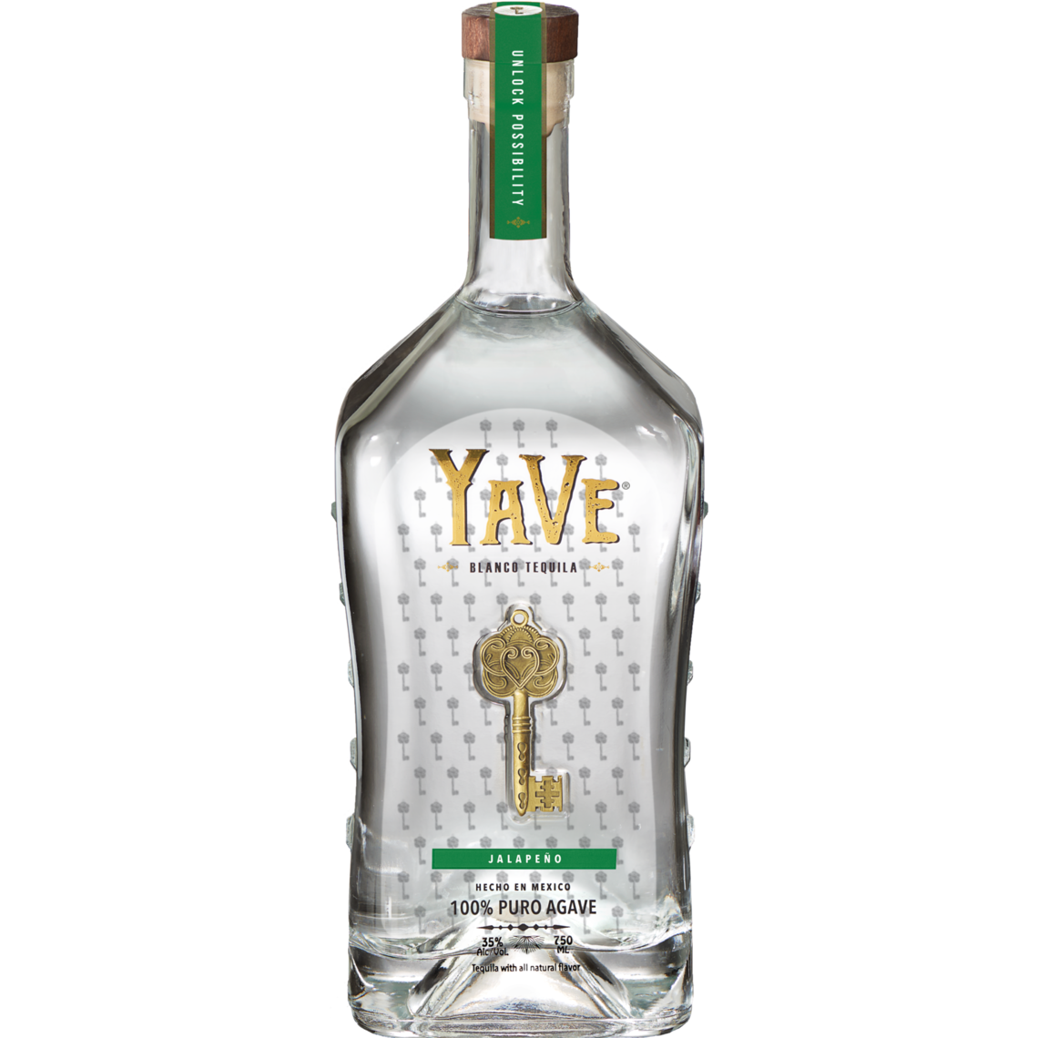 A clear bottle of YaVe Tequila Jalapeño by YaVe Tequila features gold and green labels, a key design, and “100% puro agave” on the front—ideal for making a handcrafted spicy margarita.