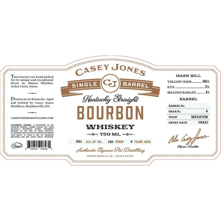 Casey Jones Single Barrel Kentucky Straight Bourbon Mash Bill 1 - Main Street Liquor