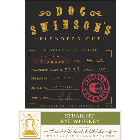 Doc Swinson’s Blenders Cut Ninetyfive/Fiftyone Straight Rye - Main Street Liquor