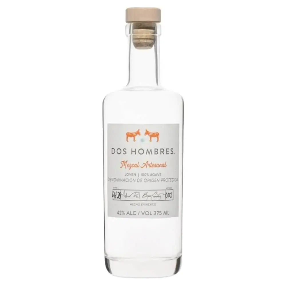 A clear glass bottle of Dos Hombres Espadin Mezcal 375mL by Aaron Paul & Bryan Cranston featuring a wooden cap, two orange donkeys on the label, joven Oaxaca mezcal, 100% Espadin agave, and 42% alcohol.