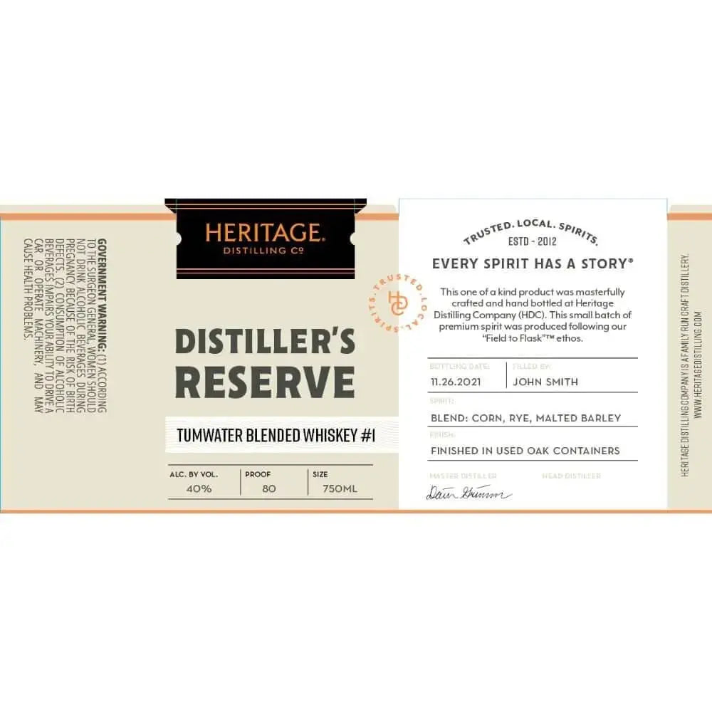 Heritage Distilling Distiller’s Reserve Tumwater Blended Whiskey 1 - Main Street Liquor