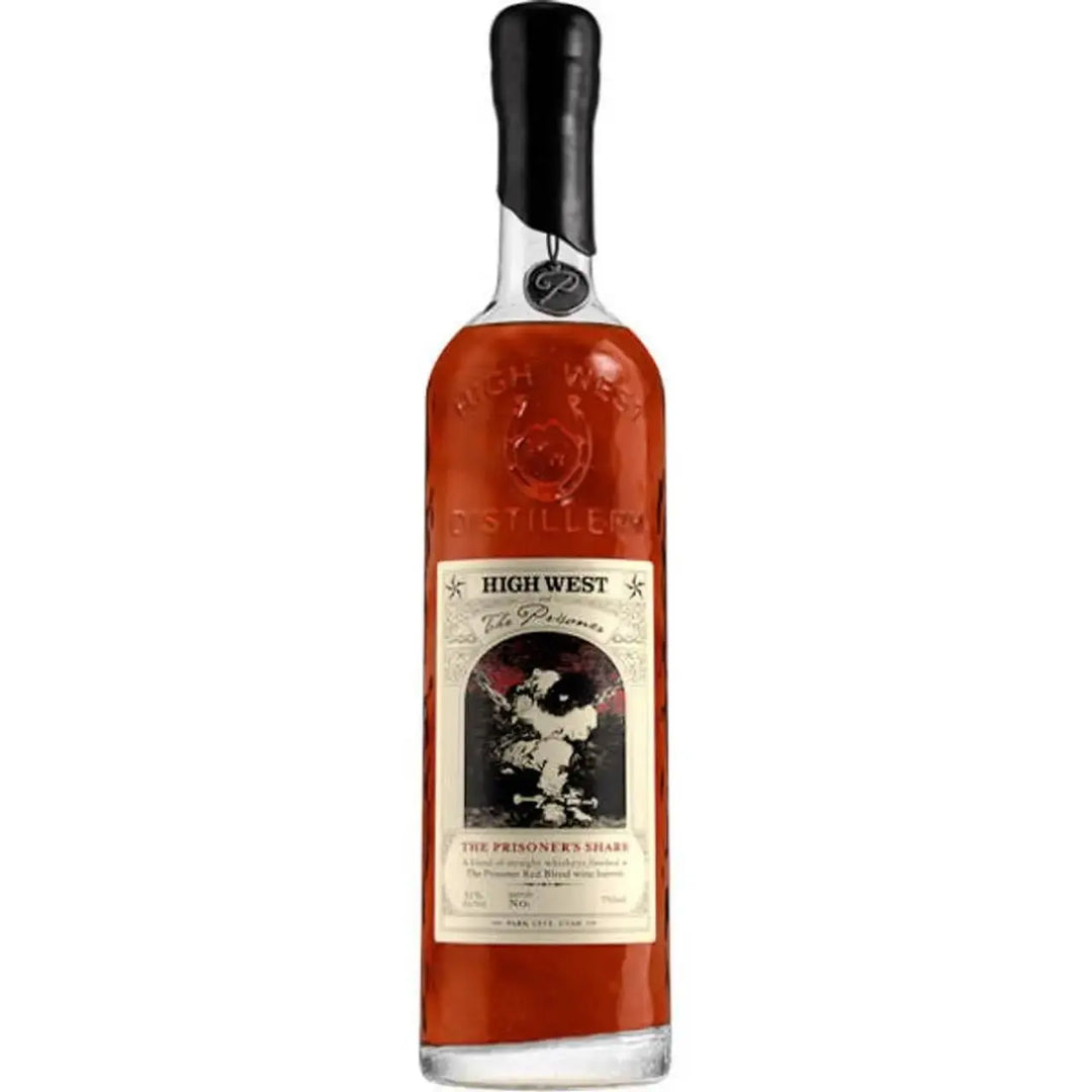 High West The Prisoner’s Share Blended Whiskey from High West Distillery features a black wax seal, a cream label with vintage artwork, and a rich amber hue. This whiskey is finished in wine casks.
