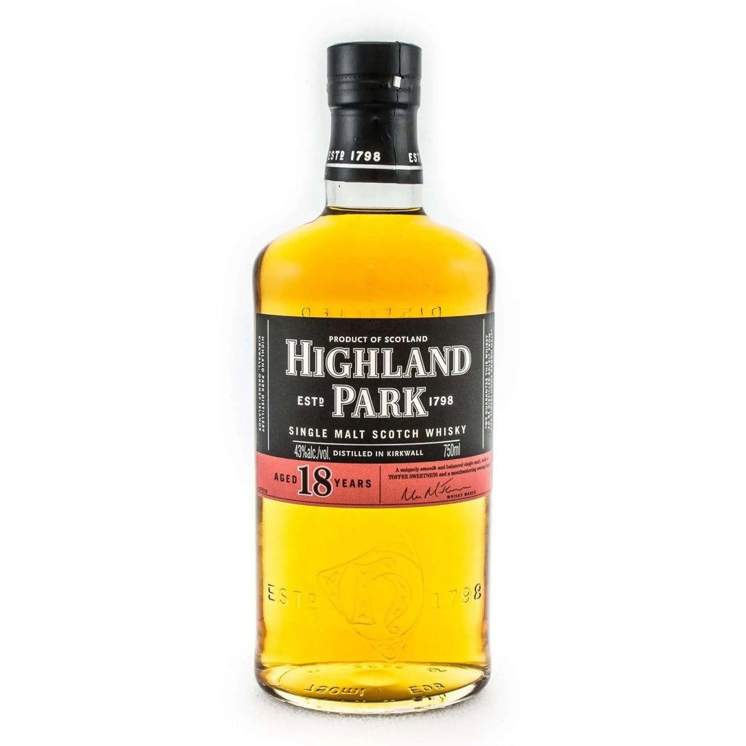 A bottle of Highland Park 18 Year Old by Highland Park, featuring a black and red label and black cap, containing golden whisky aged in sherry-seasoned European oak casks in Orkney, Scotland. "VIKING PRIDE" is displayed on the label.