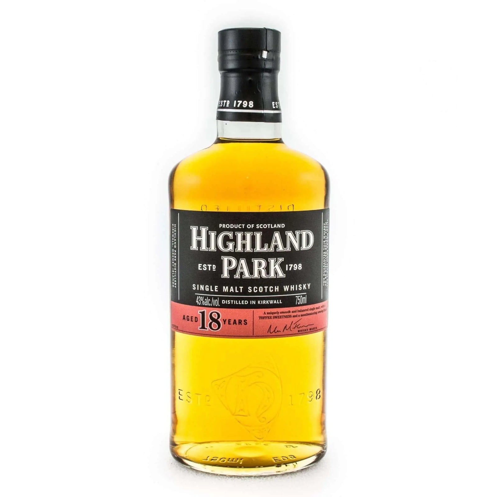 A bottle of Highland Park 18 Year Old by Highland Park, featuring a black and red label and black cap, containing golden whisky aged in sherry-seasoned European oak casks in Orkney, Scotland. "VIKING PRIDE" is displayed on the label.