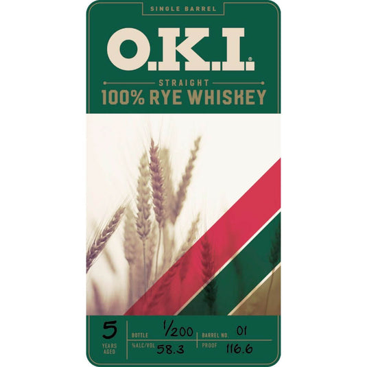 O.K.I. Single Barrel Straight 100% Rye Whiskey - Main Street Liquor