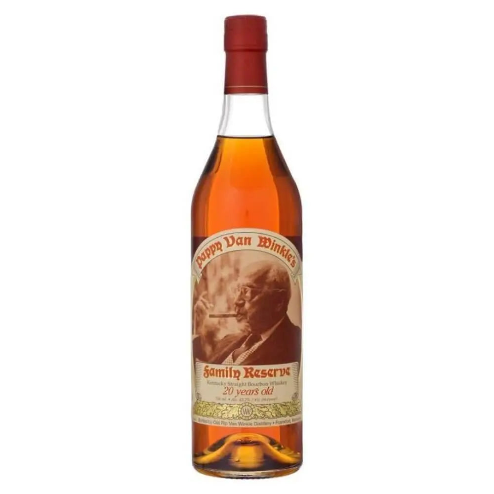 A bottle of Pappy Van Winkle's Family Reserve Bourbon 20 Year Old features a dark amber color, red cap, tan label with an illustration of a man smoking a cigar, and notes that this full-bodied bourbon is aged 20 years.
