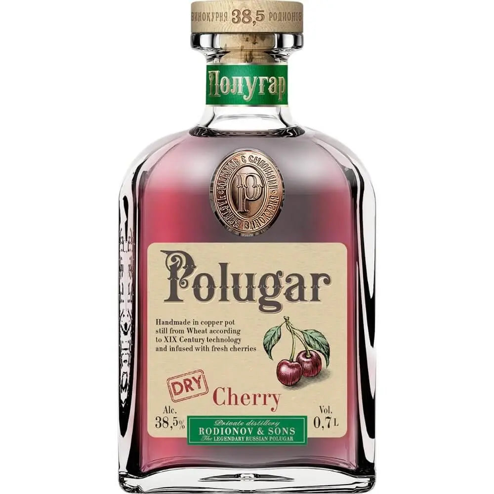 A 750mL bottle of Polugar Cherry Vodka, featuring a decorative label with cherries, indicates it’s dry with 38.5% ABV. The bottle has a gold cap and showcases the Polugar brand.