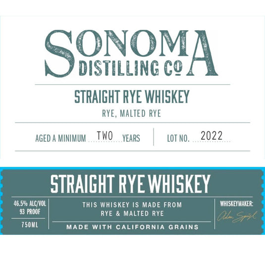 Sonoma Distilling Straight Rye Whiskey - Main Street Liquor