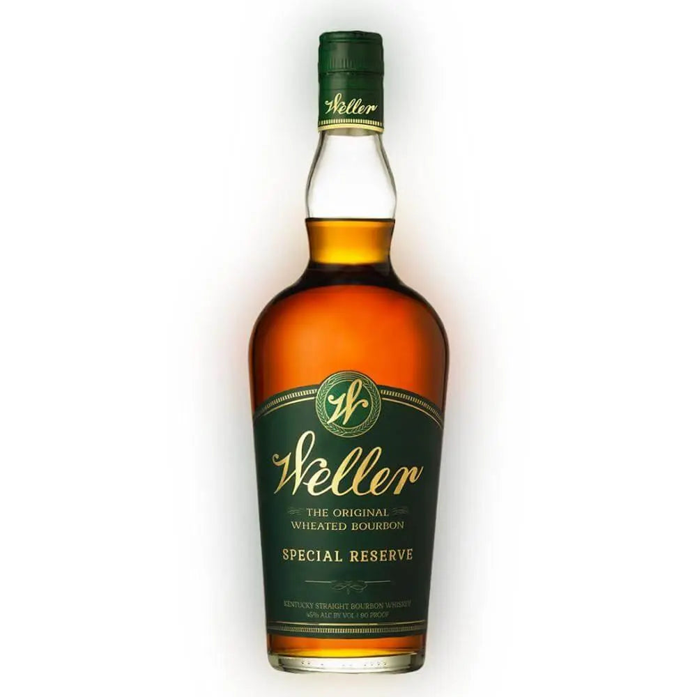 A 750mL bottle of Buffalo Trace’s W.L. Weller Special Reserve features a green and gold label reading "The Original Wheated Bourbon" and "Special Reserve." Its amber liquid offers a smooth, sippable wheated bourbon experience.